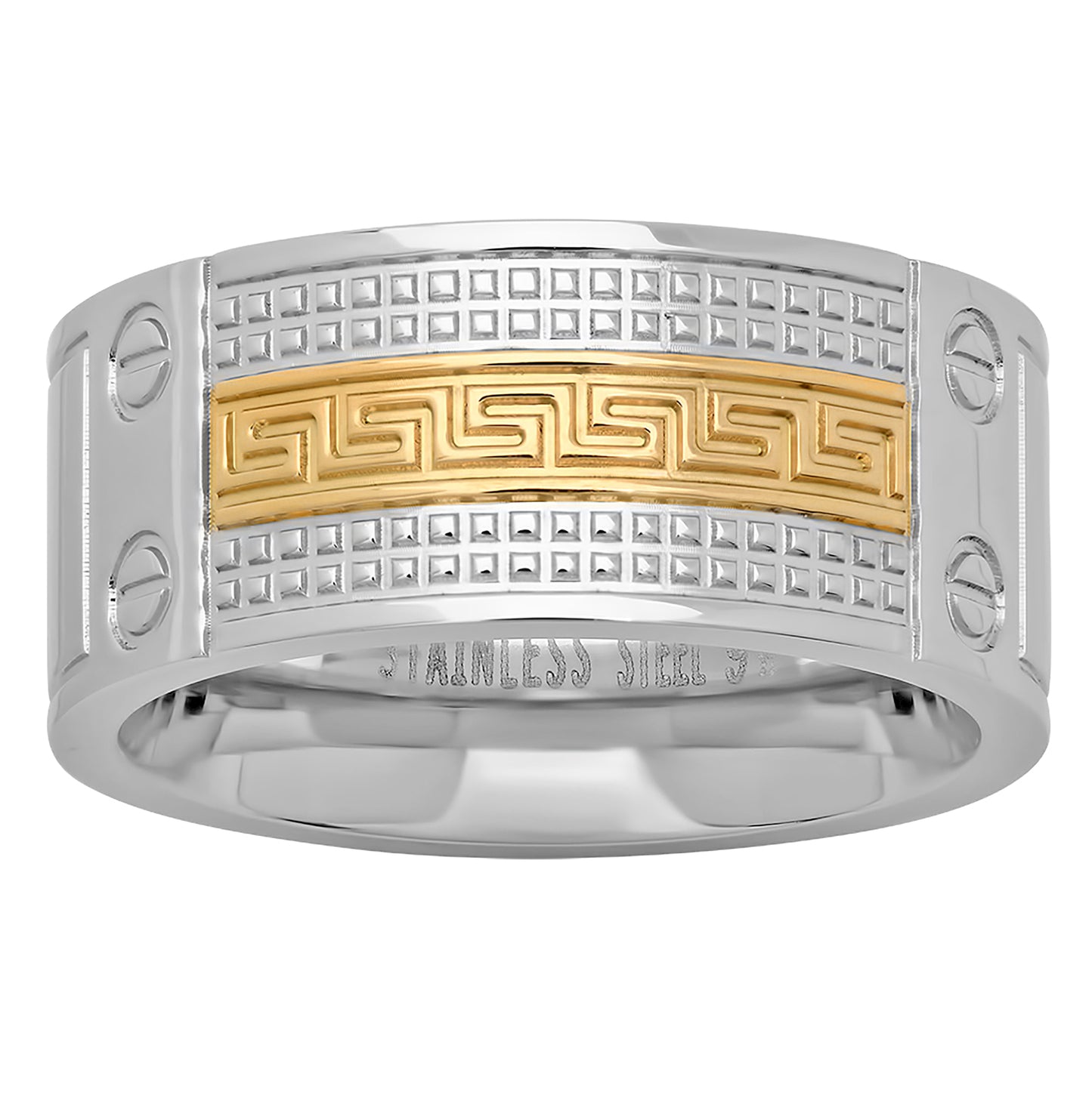 Stainless Steel Yellow-tone Mens Greek Key Pattern Comfort-fit Fashion Bridal Anniversary Wedding Engagement Band Ring