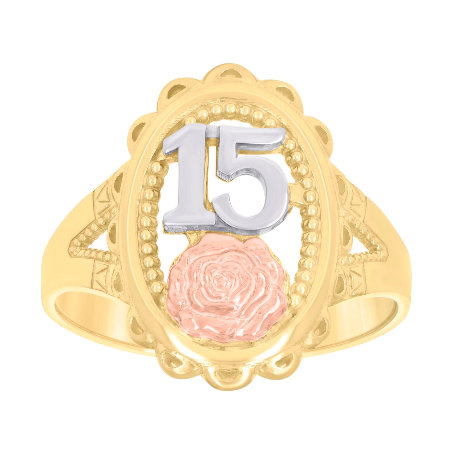 10K Tri-Color Gold Womens Diamond Cut 15 Anos Oval Engagement Ring