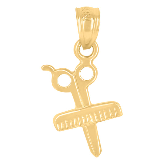 10K Yellow Gold Unisex Scissors Comb Tools Charm Pendant