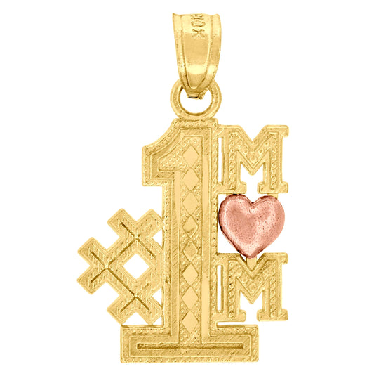 10K Two-Tone Gold Womens Textured #1 Mom Heart Charm Pendant