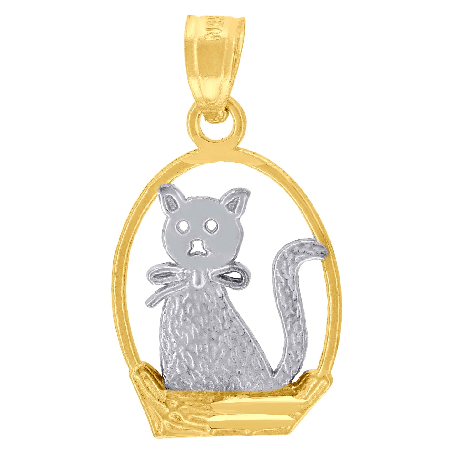 10K Gold Two-Tone Diamond-Cut Womens Cat Basket Animal Charm Pendant