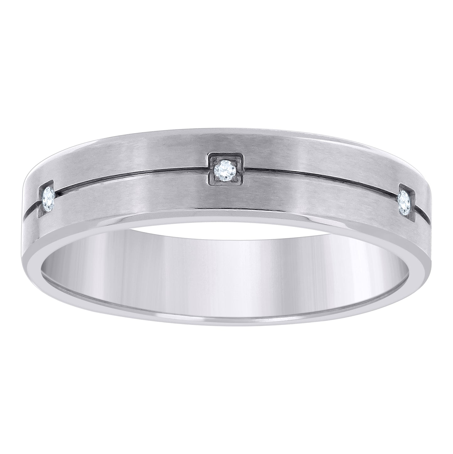 Stainless Steel Men's Cubic Zirconia Center Grooved Brushed Comfort-Fit Fashion Bridal Anniversary Wedding Engagement Band Ring