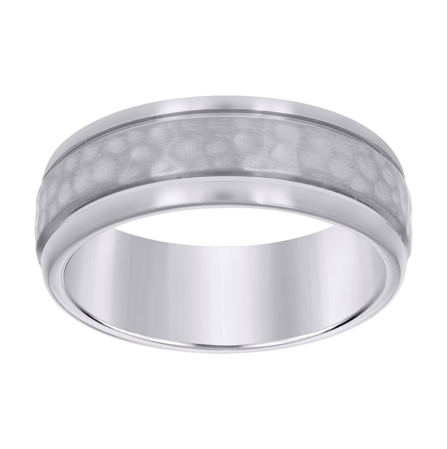 Stainless Steel Mens Double Grooved Center Hammered Comfort-Fit Fashion Bridal Anniversary Wedding Engagement Band Ring