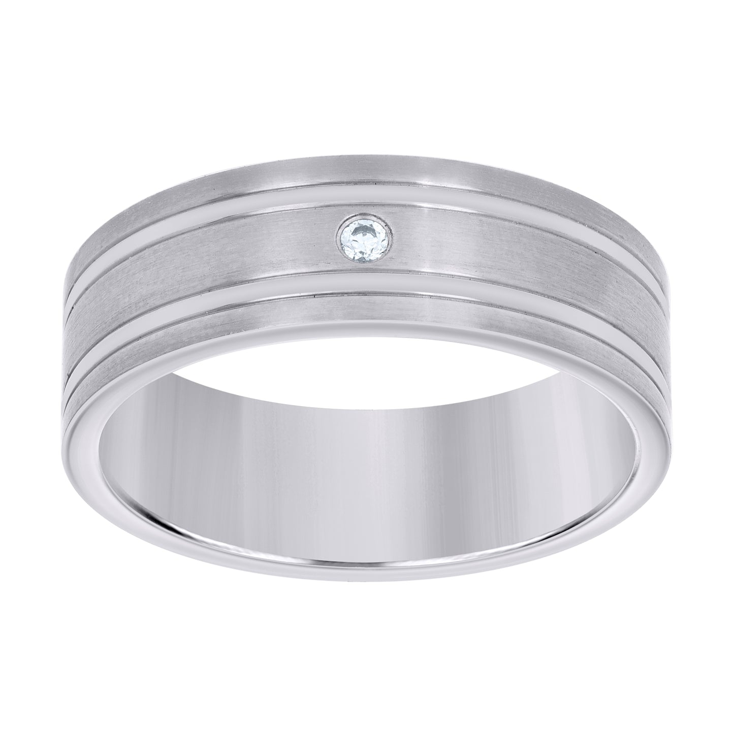 Stainless Steel Mens Cubic Zirconia Double Grooved Brushed Comfort-Fit Fashion Bridal Anniversary Wedding Engagement Band Ring
