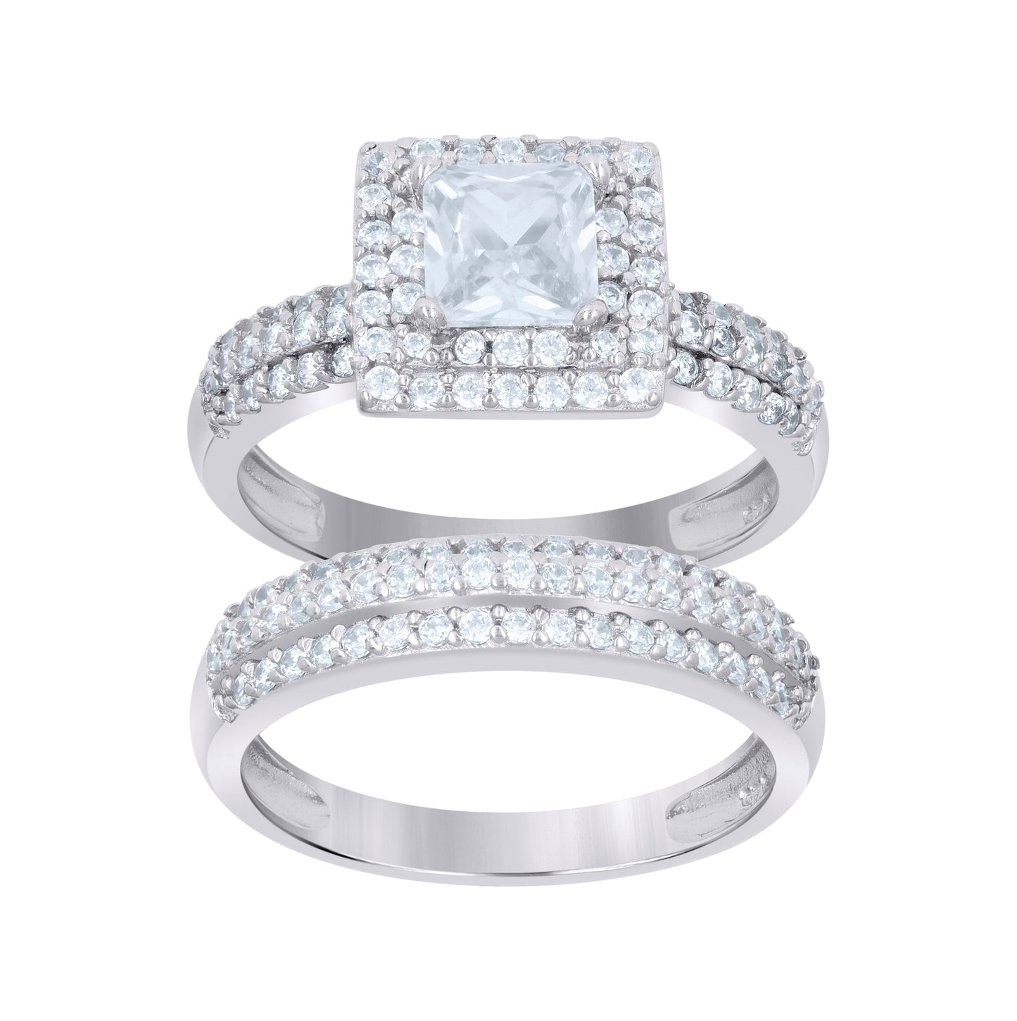 Sterling Silver Womens Cubic Zirconia Sizes 6 To 10 Princess-Cut Center Stone Bridal Set Anniversary Engagement Wedding Ring