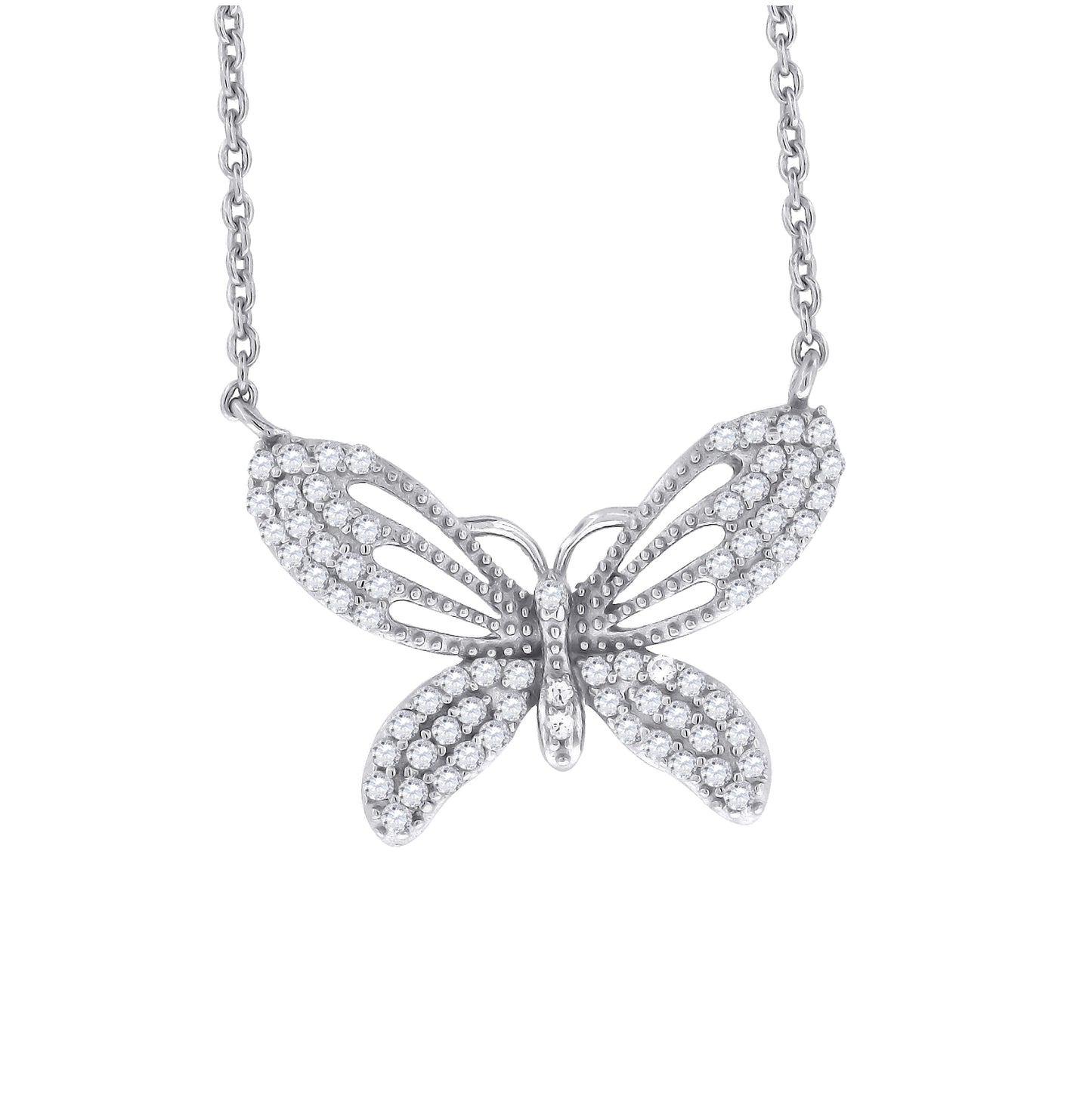Sterling Silver Women Cubic Zirconia Rolo Link Butterfly Necklace