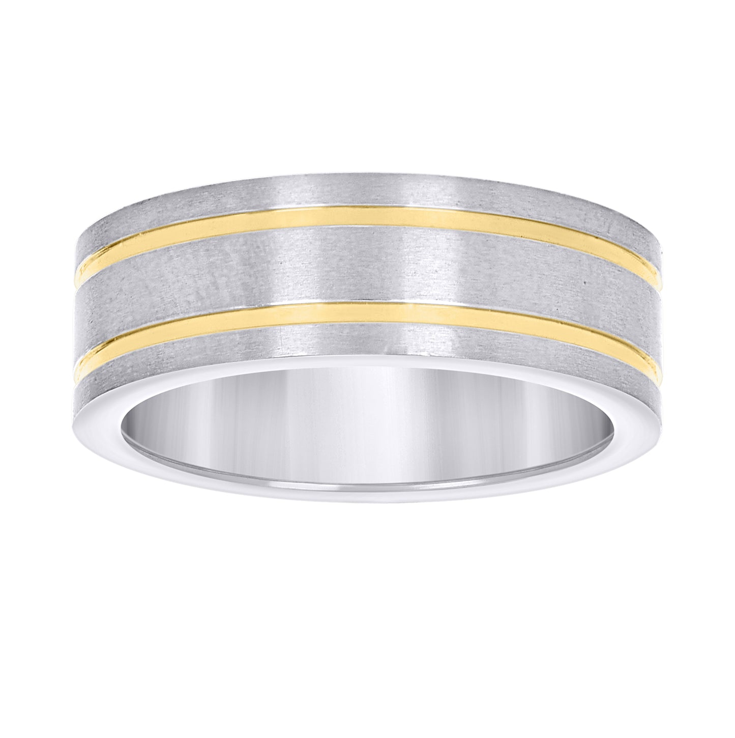 Stainless Steel Mens Two-Tone Double Grooved Brushed Comfort-Fit Fashion Bridal Anniversary Wedding Engagement Band Ring
