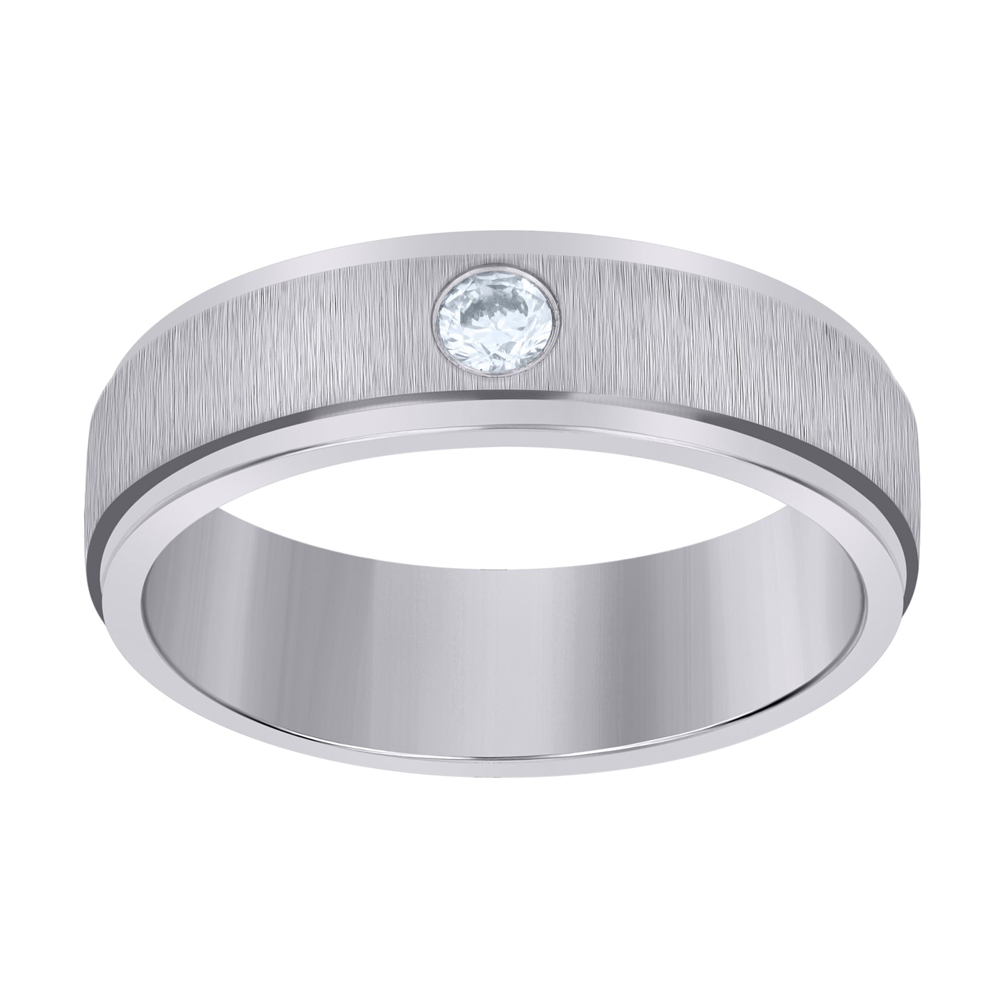 Stainless Steel Mens Cubic Zirconia Center Brushed Step Edges Comfort-Fit Bridal Anniversary Wedding Engagement Band Ring