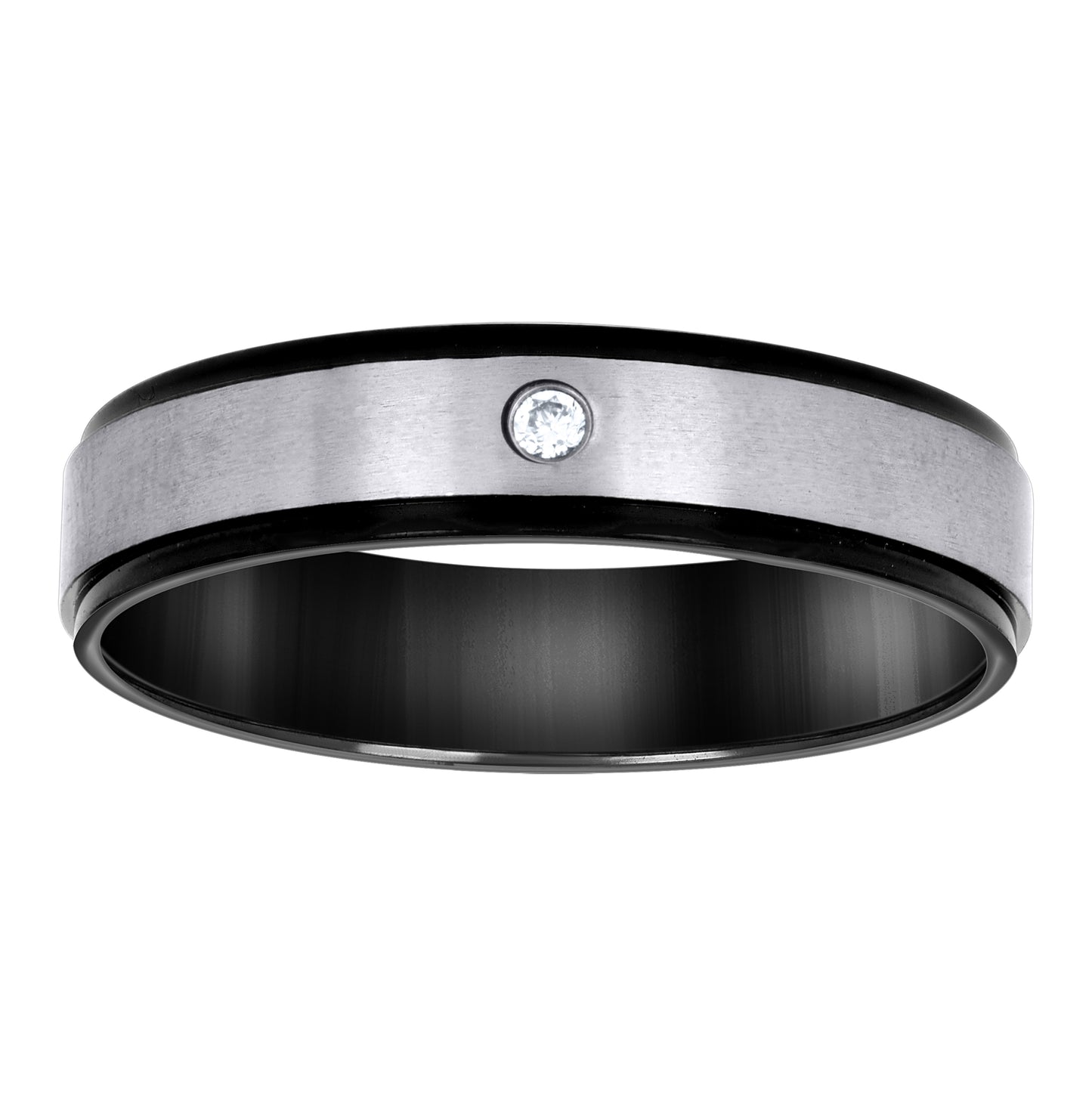 Stainless Steel Mens Cubic Zirconia Two-Tone Black Center Brushed Comfort-Fit Bridal Anniversary Wedding Engagement Band Ring