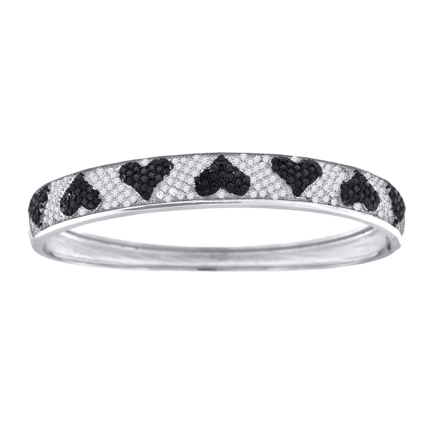 Sterling Silver Womens Black & White Micropave Cubic Zirconia Fashion Heart Bangle