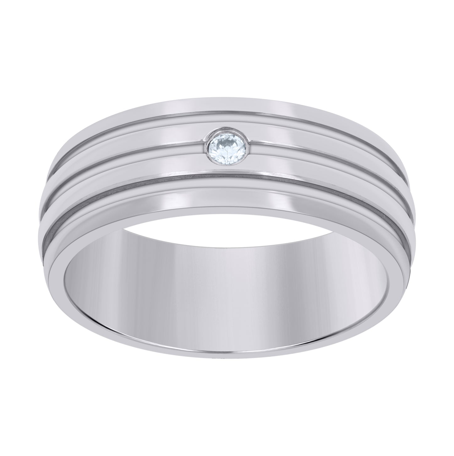 Stainless Steel Mens Cubic Zirconia Triple Grooved Polished Comfort-Fit Fashion Bridal Anniversary Wedding Engagement Band Ring