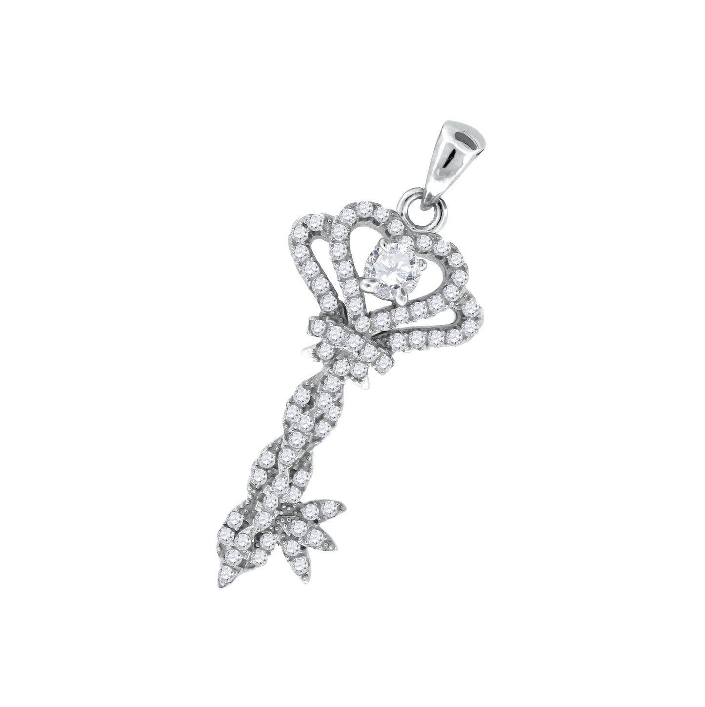 Sterling Silver Womens Cubic-Zirconia Crown Key Charm Pendant