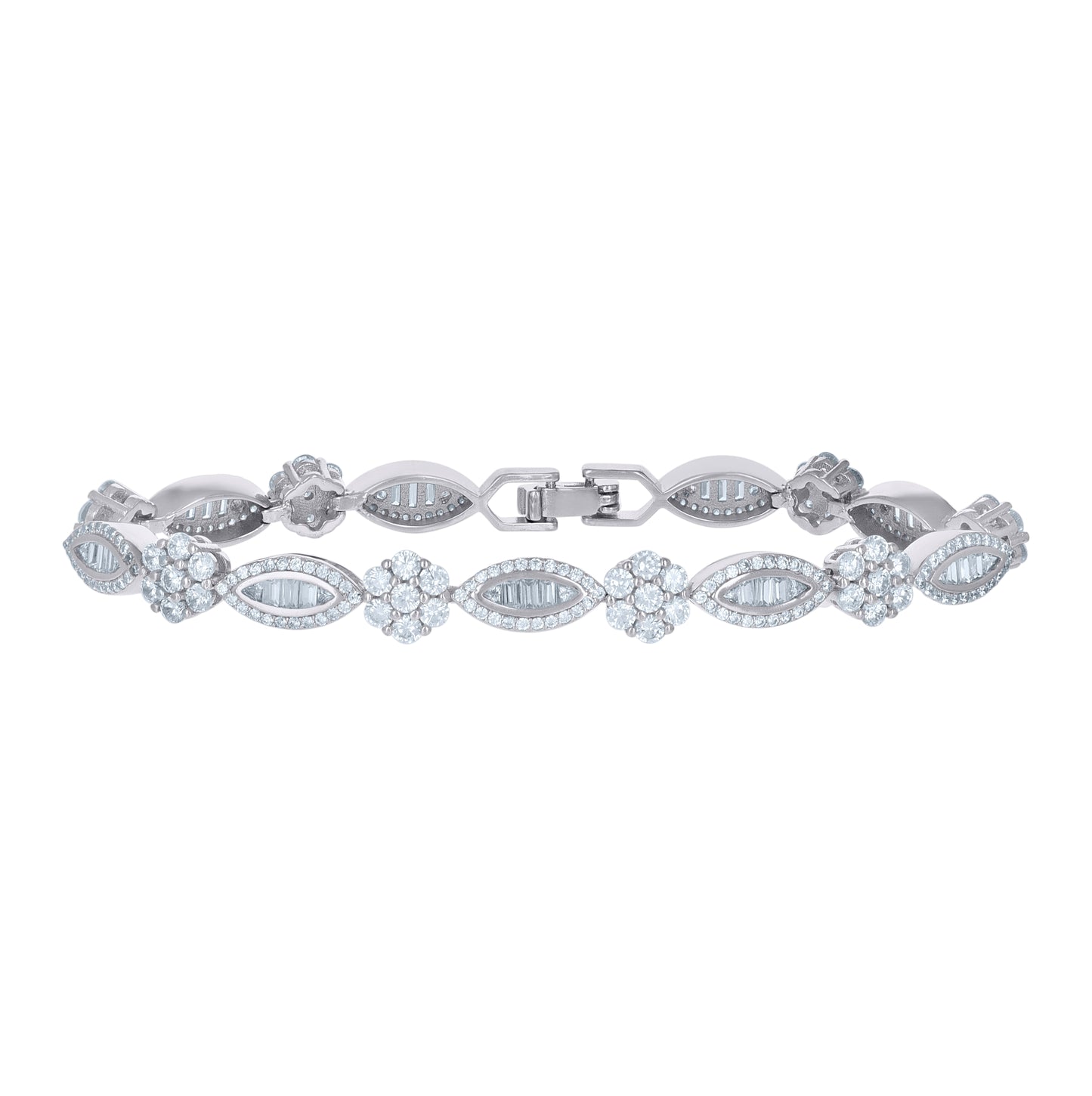 Sterling Silver Womens Cubic Zirconia Fancy Link Flower Adjustable Bracelet