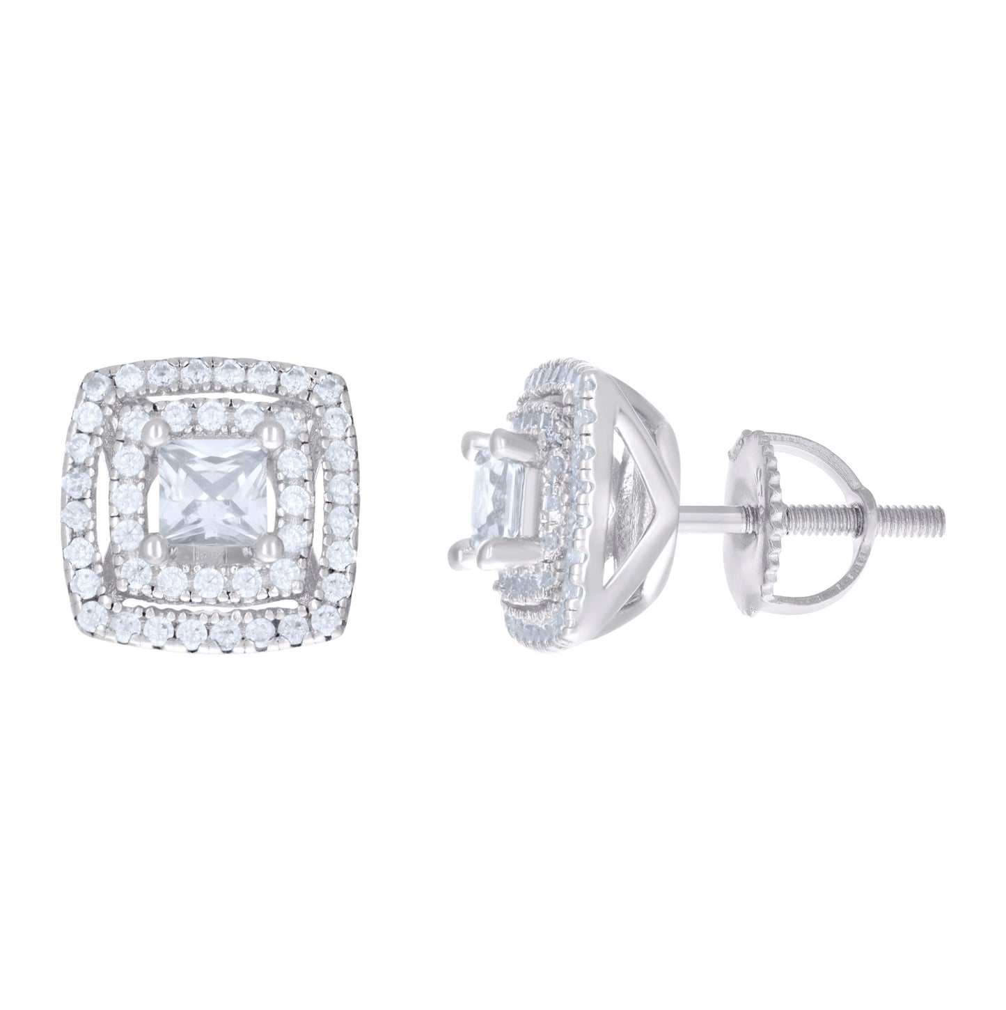 Sterling Silver Womens Cubic Zirconia Halo Square Stud Earrings