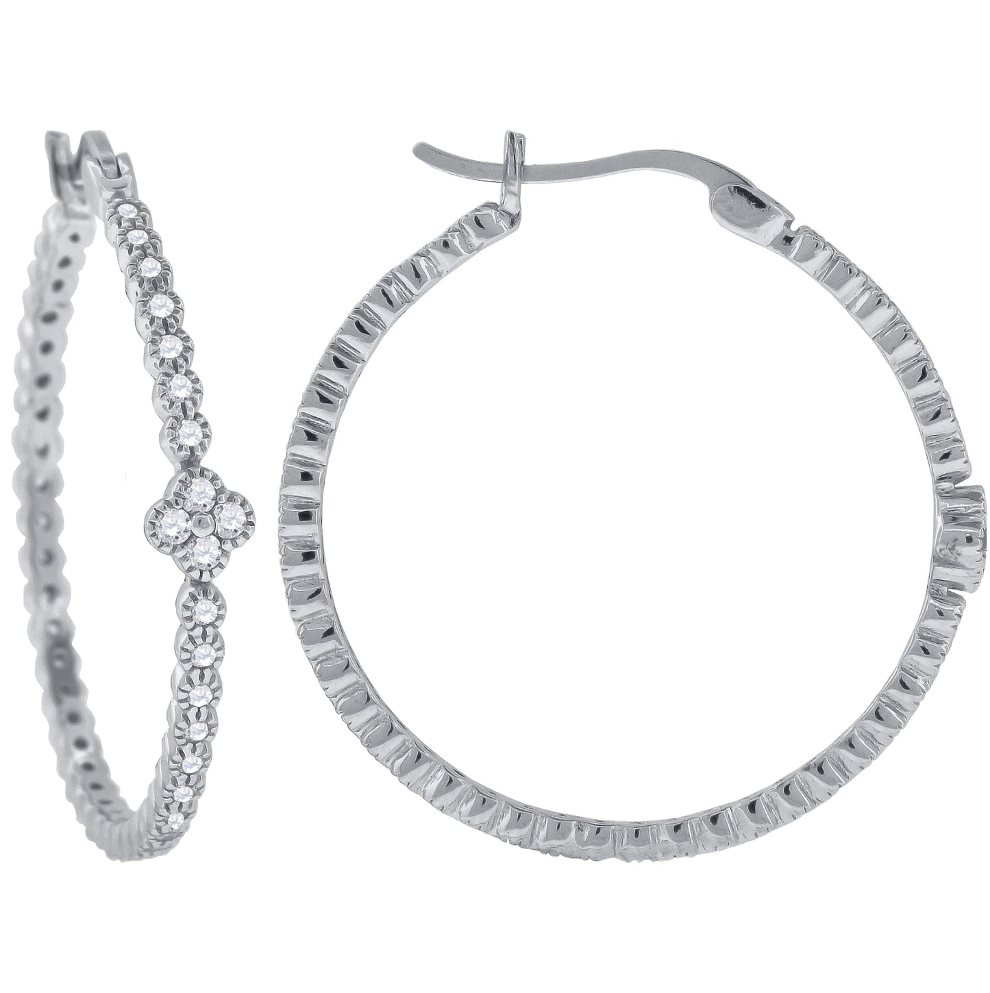 Sterling Silver Womens Cubic Zirconia Flower Center Single Row Huggie Hoop Earrings