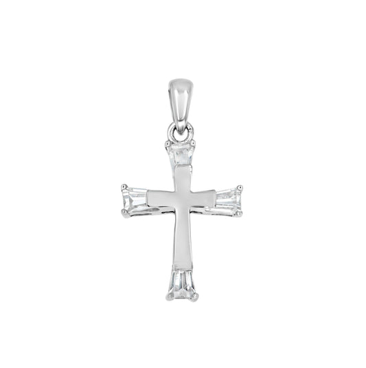 Sterling Silver Unisex Cubic-Zirconia Baguette Cross Religious Charm Pendant