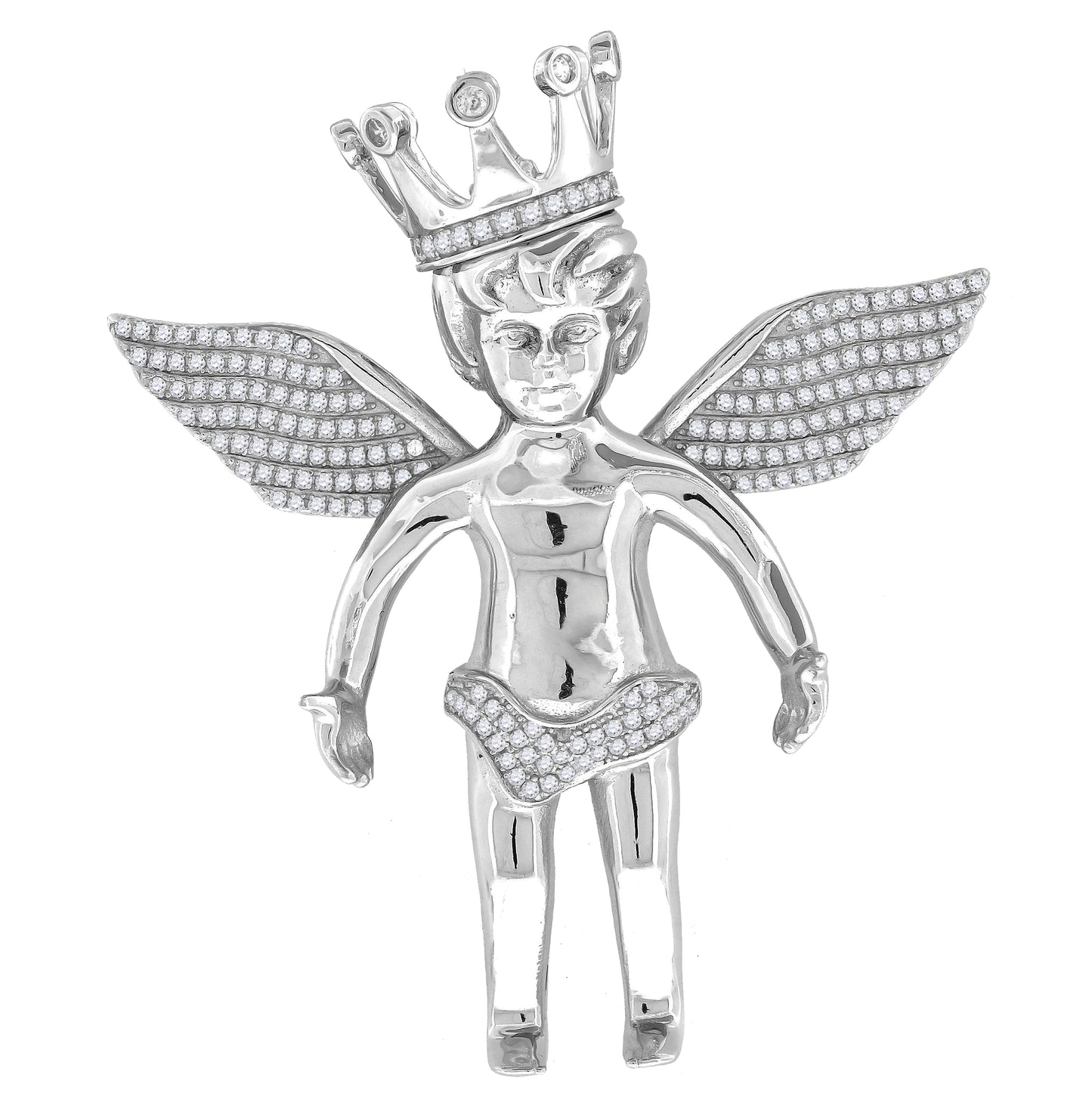 Sterling Silver Mens Cubic Zirconia Religious Angel Crown Charm Pendant