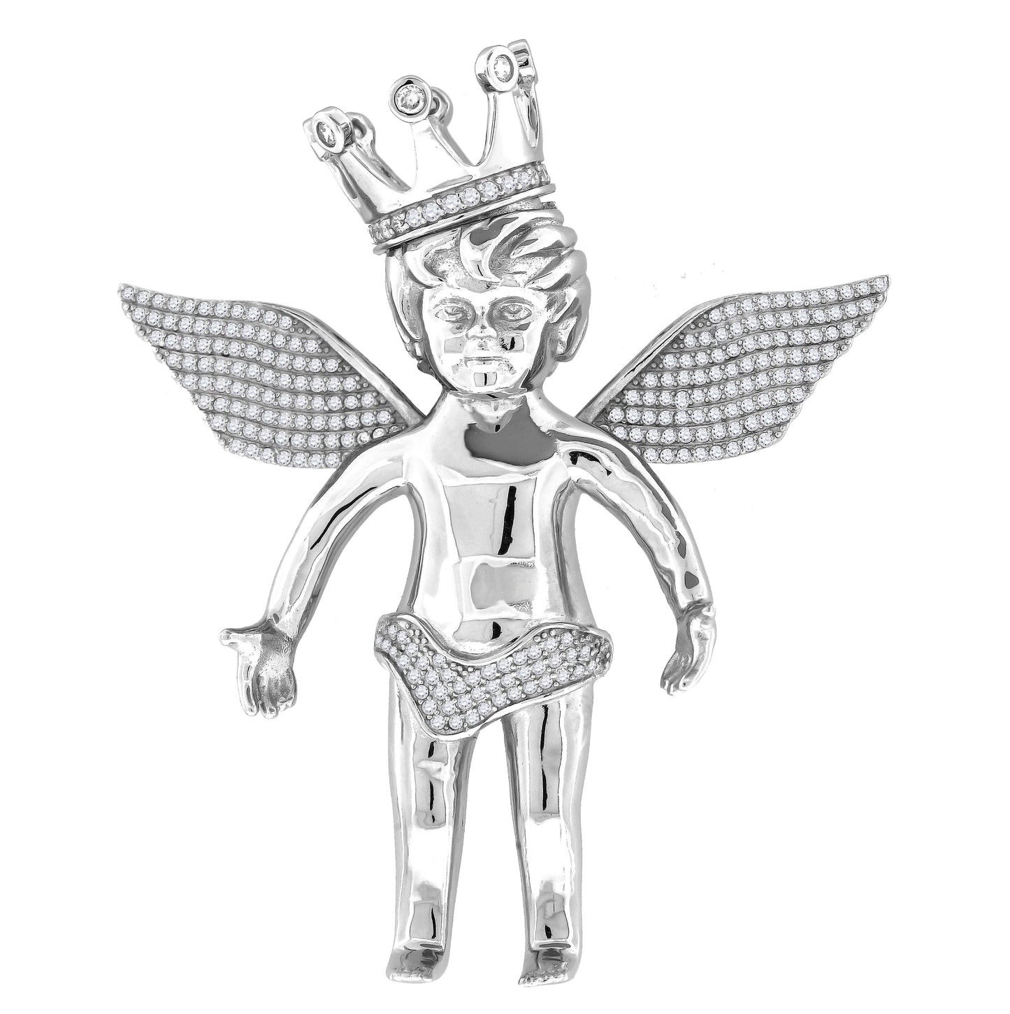 Sterling Silver Mens Cubic Zirconia Religious Angel Crown Charm Pendant