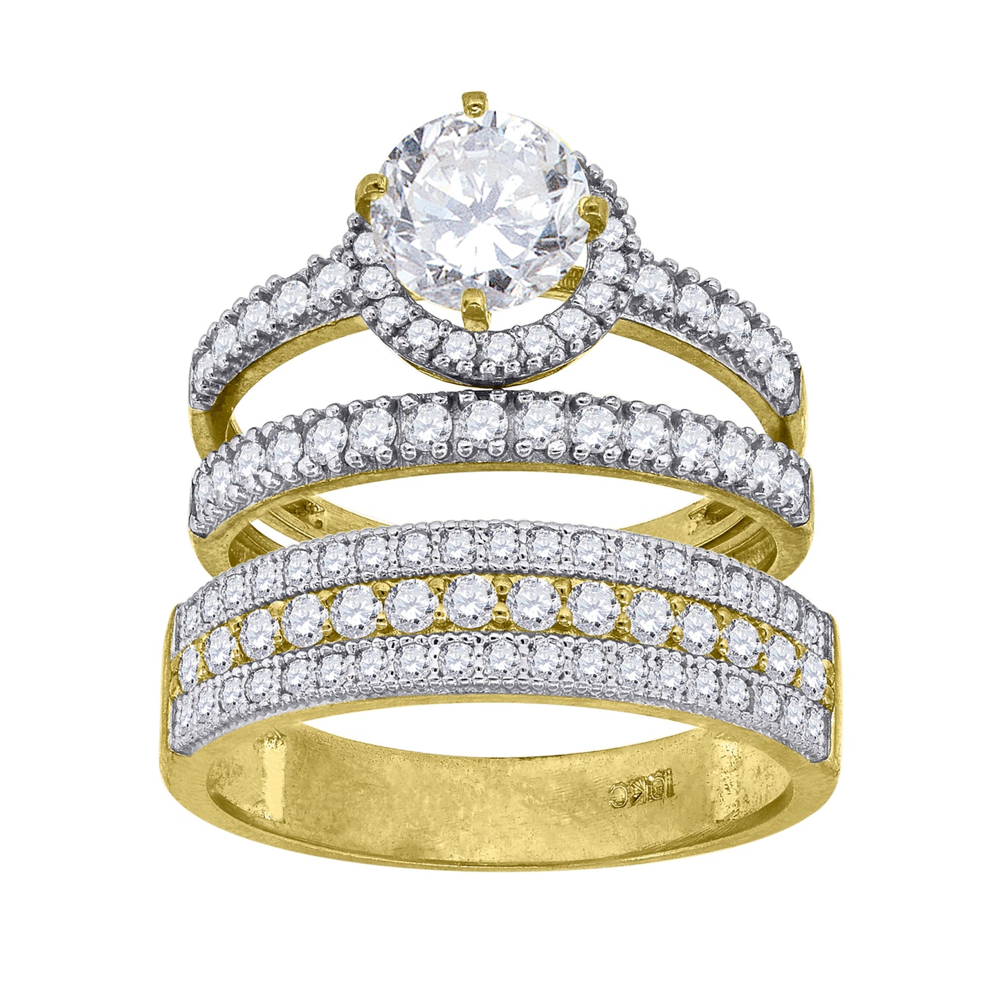 10K Two-Tone Gold Womens Round Cubic Zirconia Halo Trio Ring Set