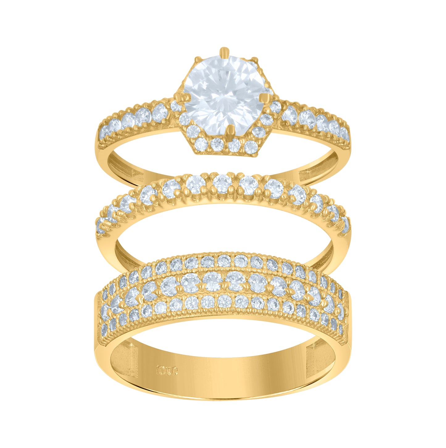 10K Two-Tone Gold Womens Round Cubic Zirconia Halo Trio Ring Set