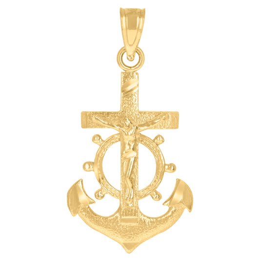 10K Yellow Gold Mens Mariner Anchor Crucifix Cross Religious Charm Pendant