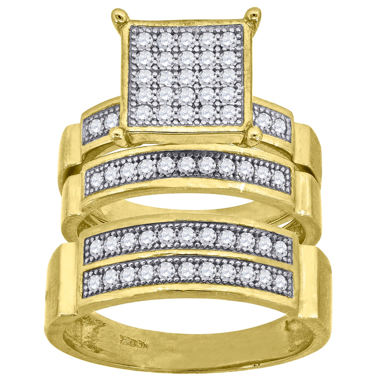 10K Two-Tone Gold Womens Round Cubic Zirconia Square Head Trio Ring Set