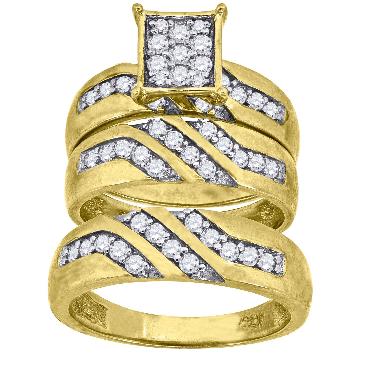 10K Two-Tone Gold Womens Round Cubic Zirconia Square Head Trio Ring Set