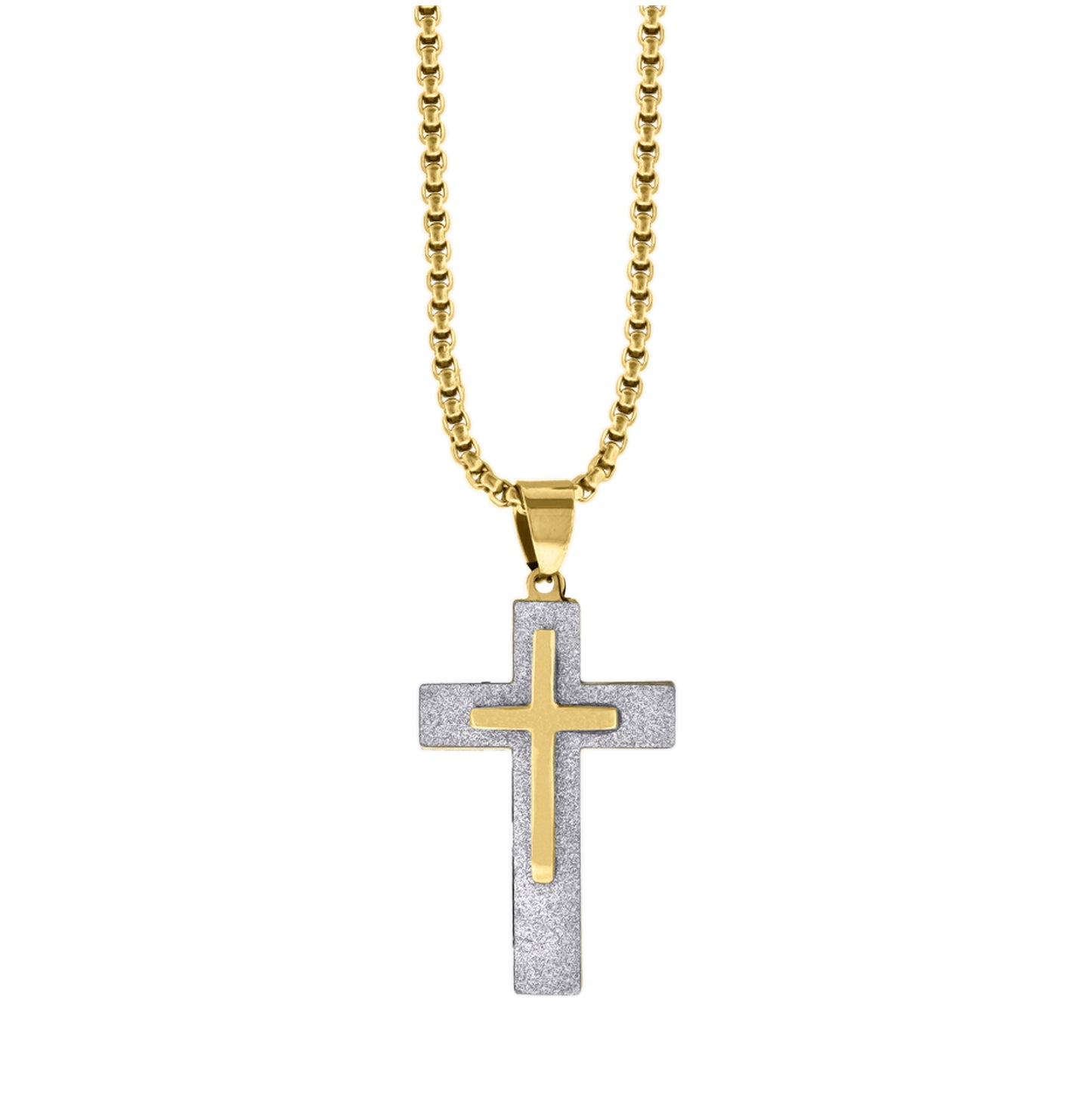 Stainless Steel Mens Cross Religious Charm Pendant With Rolo Chain
