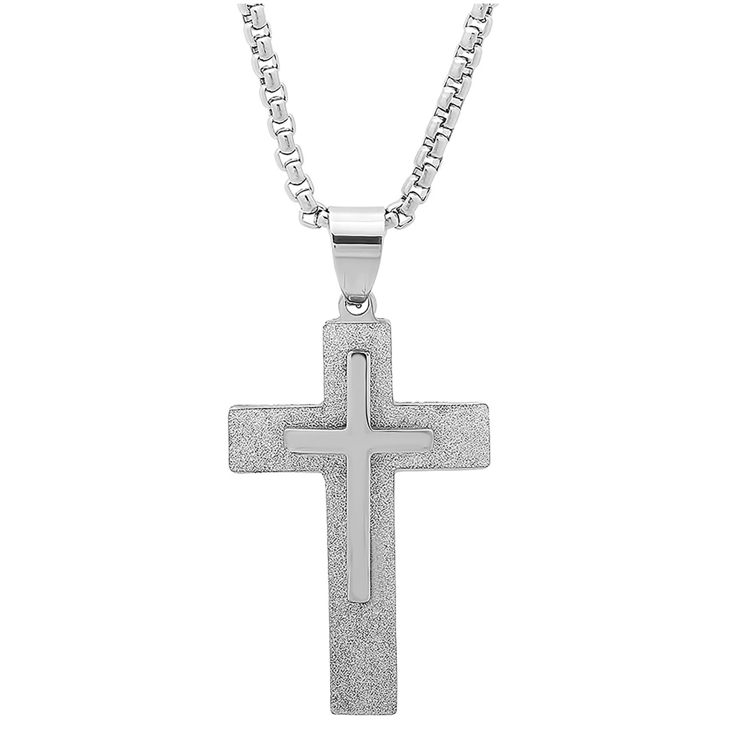 Stainless Steel Mens Cross Religious Charm Pendant With Rolo Chain