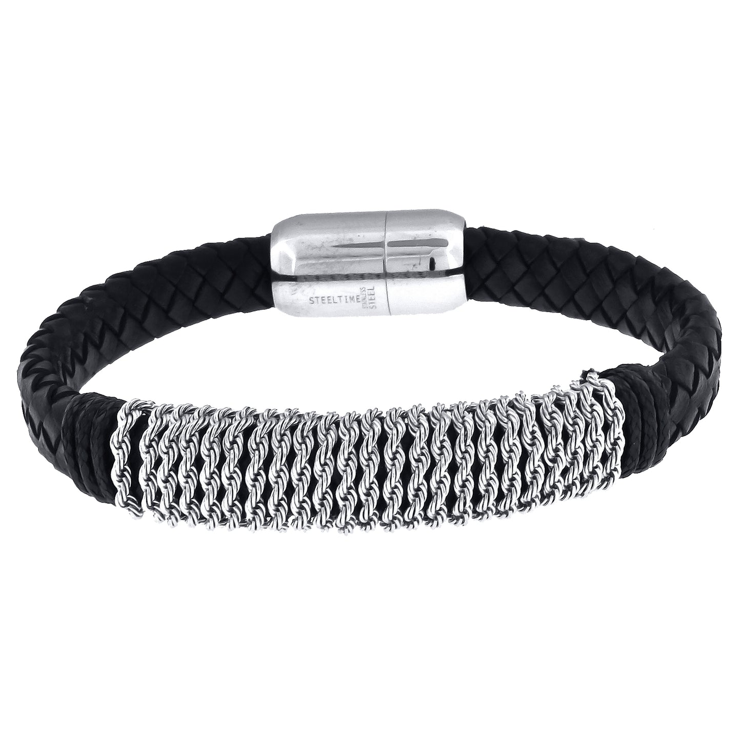 Stainless Steel Mens Black Leather With Magnetic Clasps Bracelet
