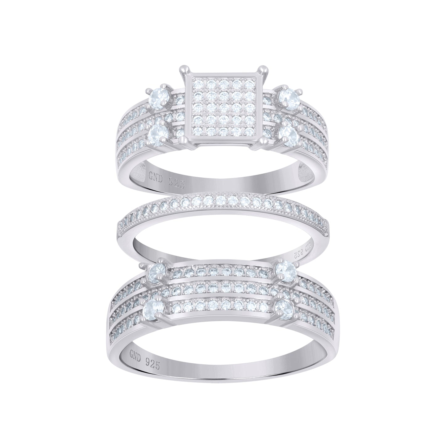 Sterling Silver Cubic-Zirconia Square Head Trio Bridal Anniversary Wedding Engagement Band Ring Set