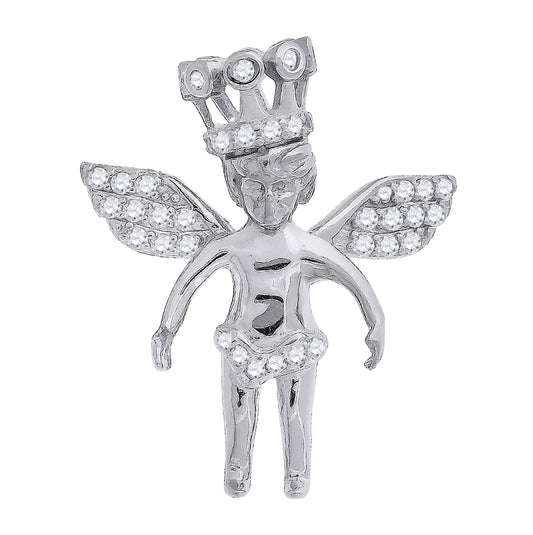 Sterling Silver Mens Cubic Zirconia Religious Angel Crown Charm Pendant