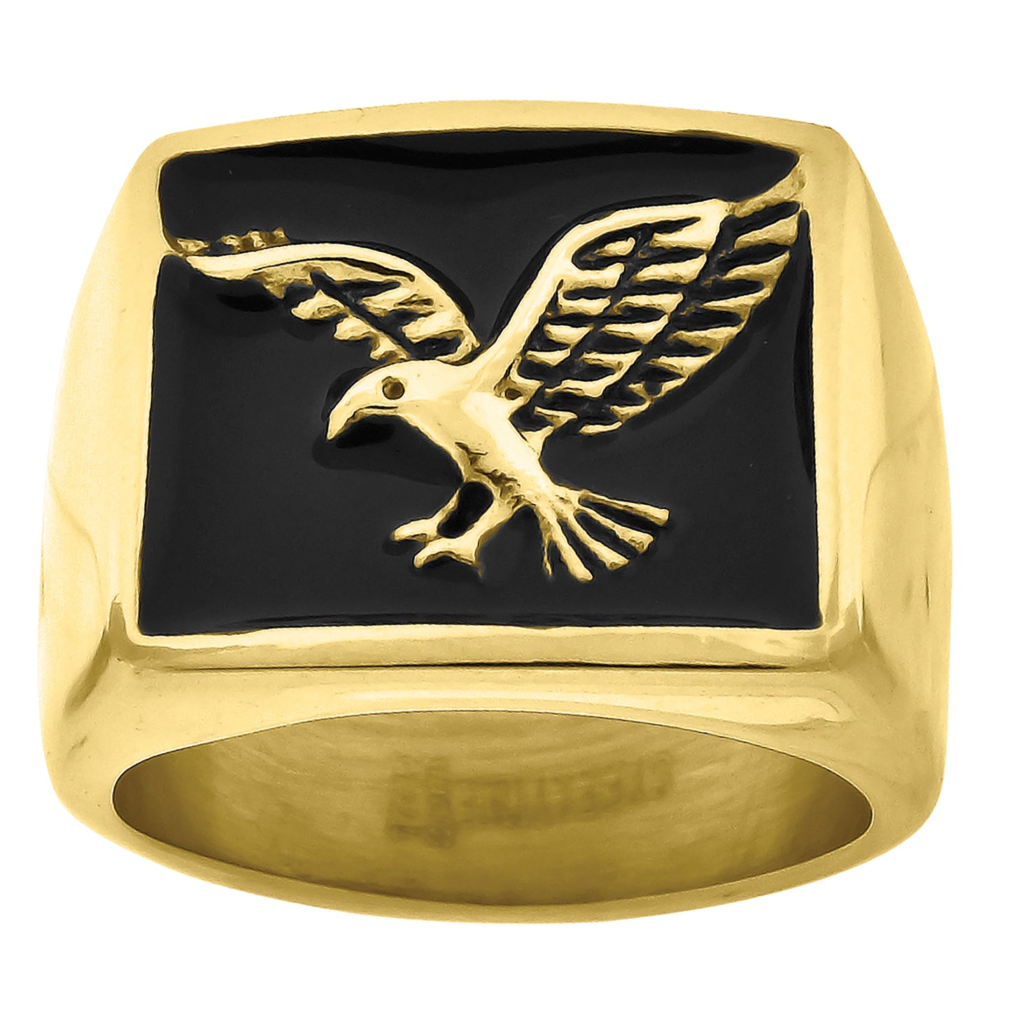 Stainless Steel Yellow-tone Mens Eagle Square Head Black Enamel Fashion Comfort-fit Bridal Anniversary Wedding Engagement Band Ring