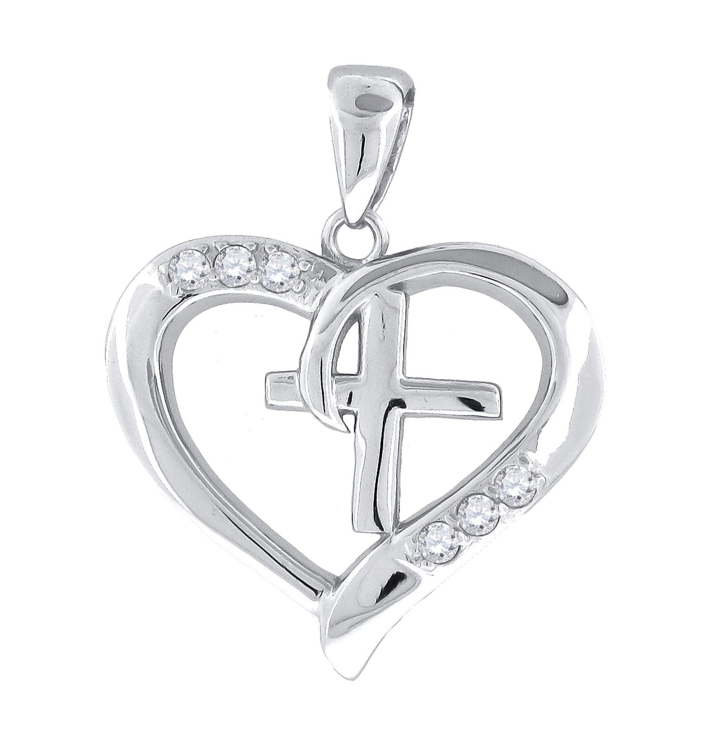 Sterling Silver Womens Cubic-Zirconia Cross Heart Charm Pendant