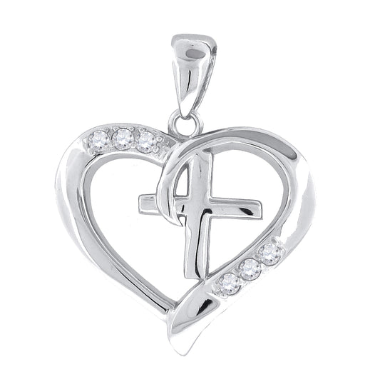 Sterling Silver Womens Cubic-Zirconia Cross Heart Charm Pendant