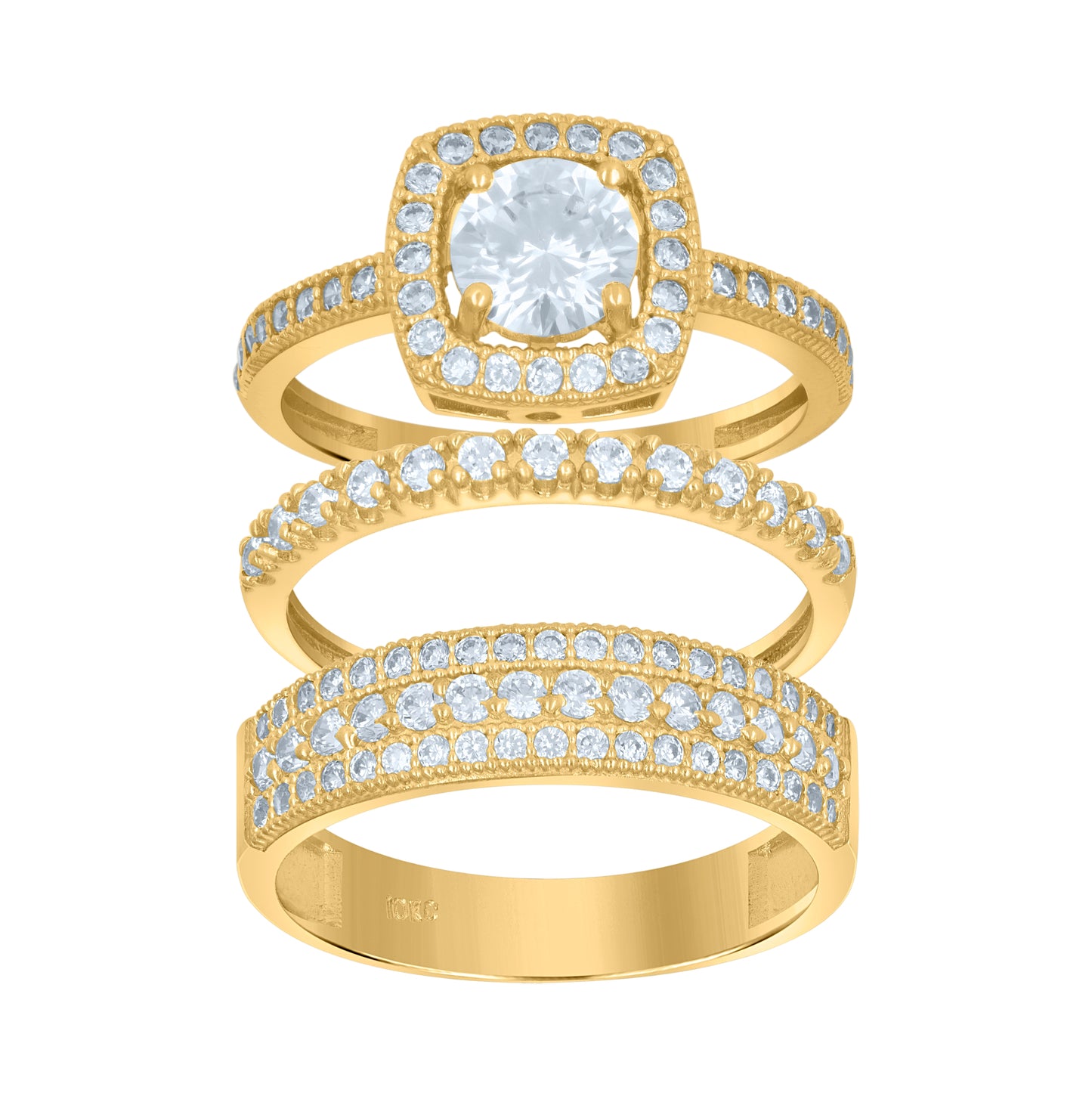10K Two-Tone Gold Womens Round Cubic Zirconia Halo Trio Ring Set