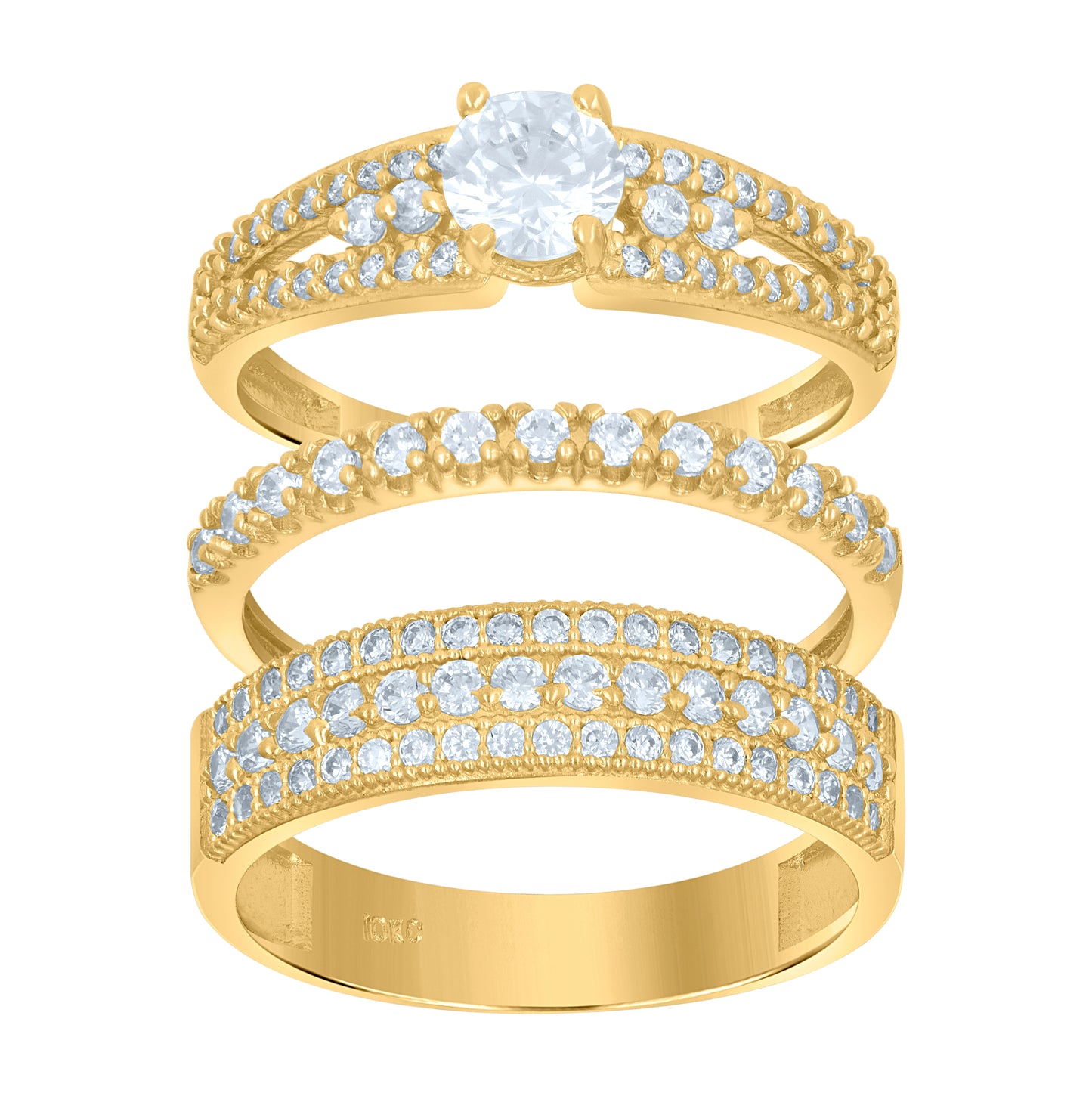 10K Two-Tone Gold Womens Round Cubic Zirconia Trio Ring Set