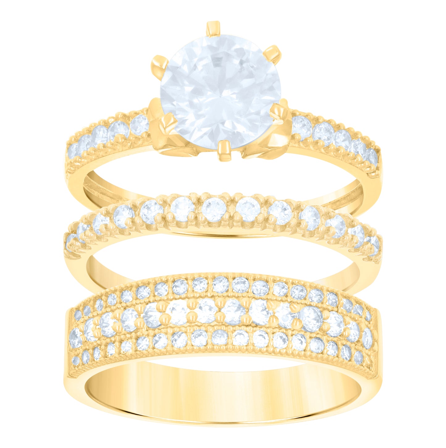 10K Two-Tone Gold Womens Round Cubic Zirconia Halo Trio Ring Set