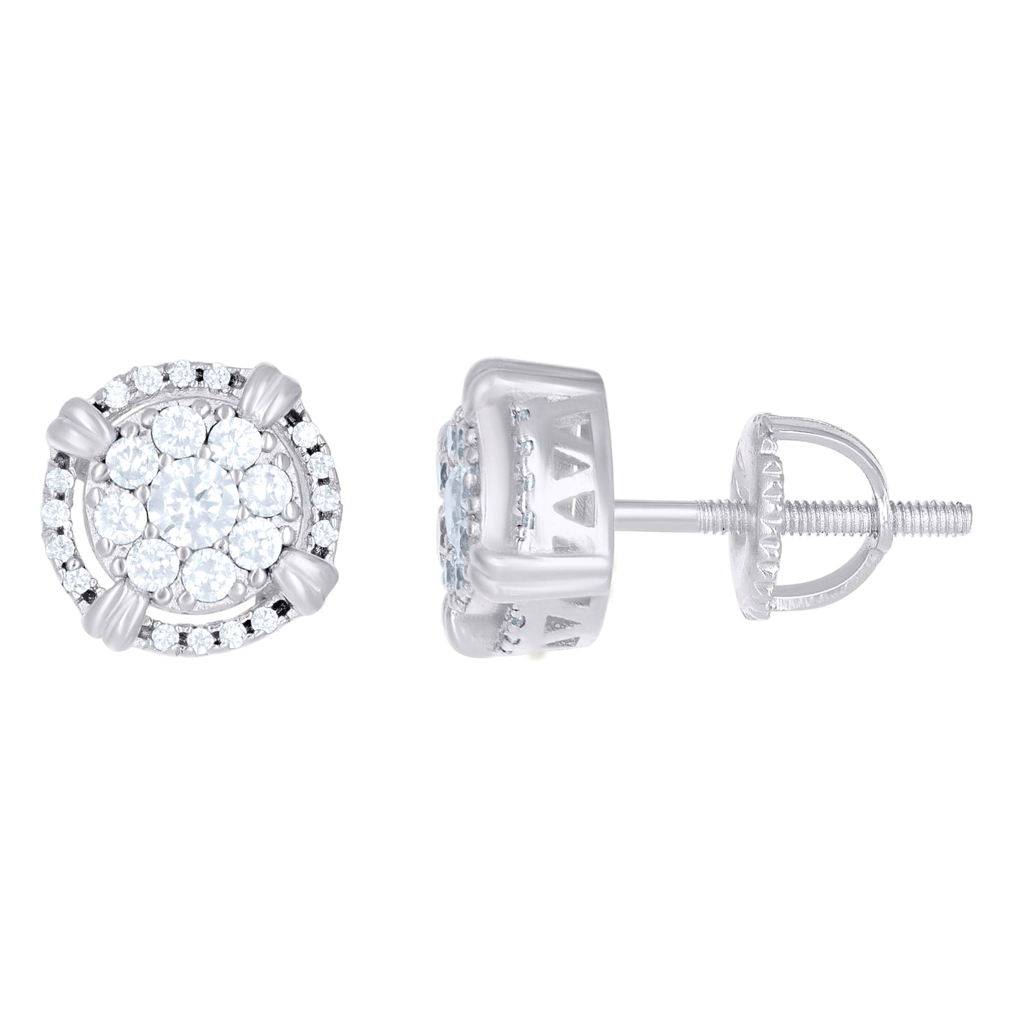 Sterling Silver Or Yellow-Tone Unisex Round Cubic Zirconia Stud Flower Cluster Fashion Earrings