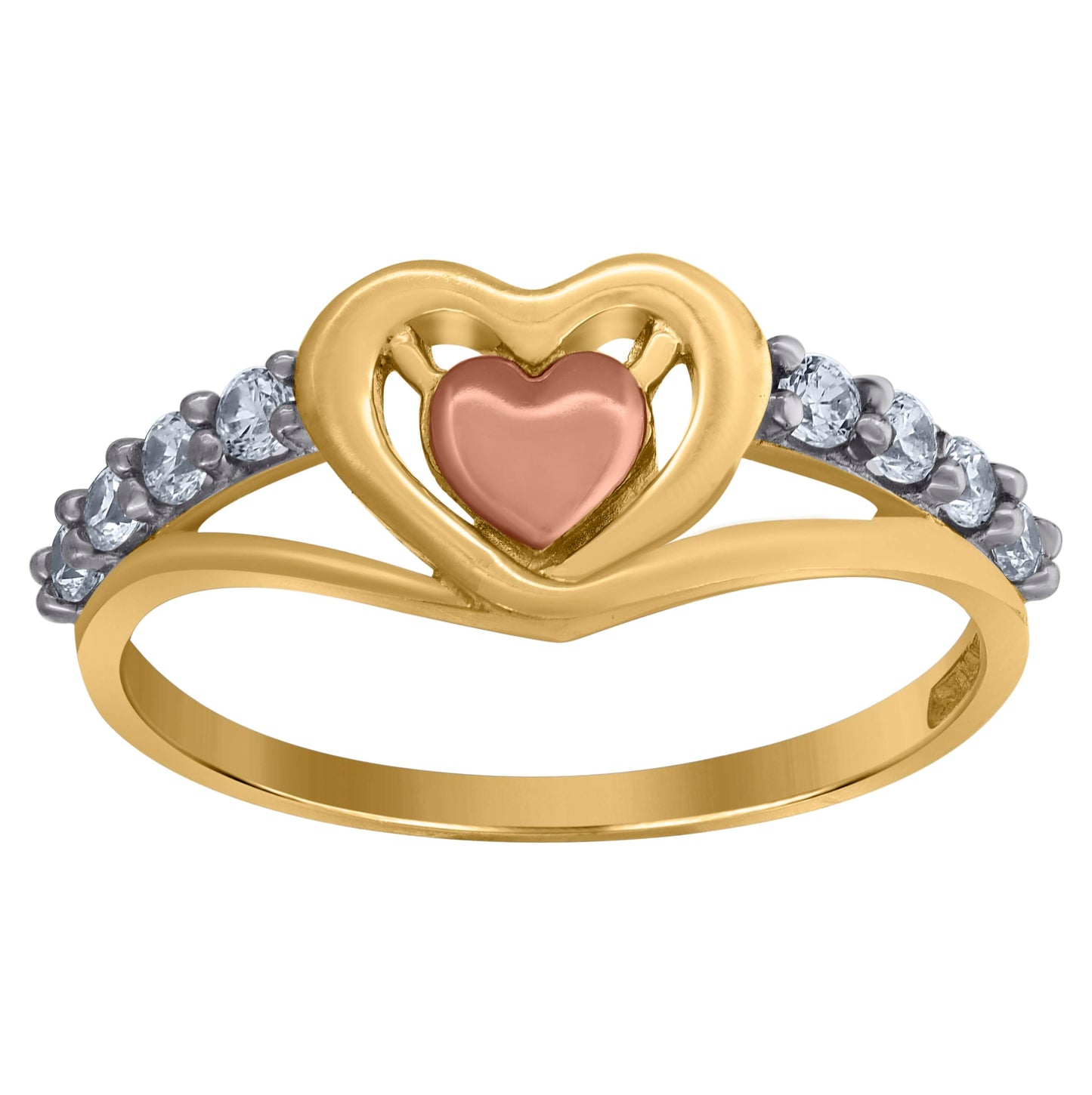 10K Gold Womens Tri-Color Cubic-Zirconia 2mm Heart Band Ring
