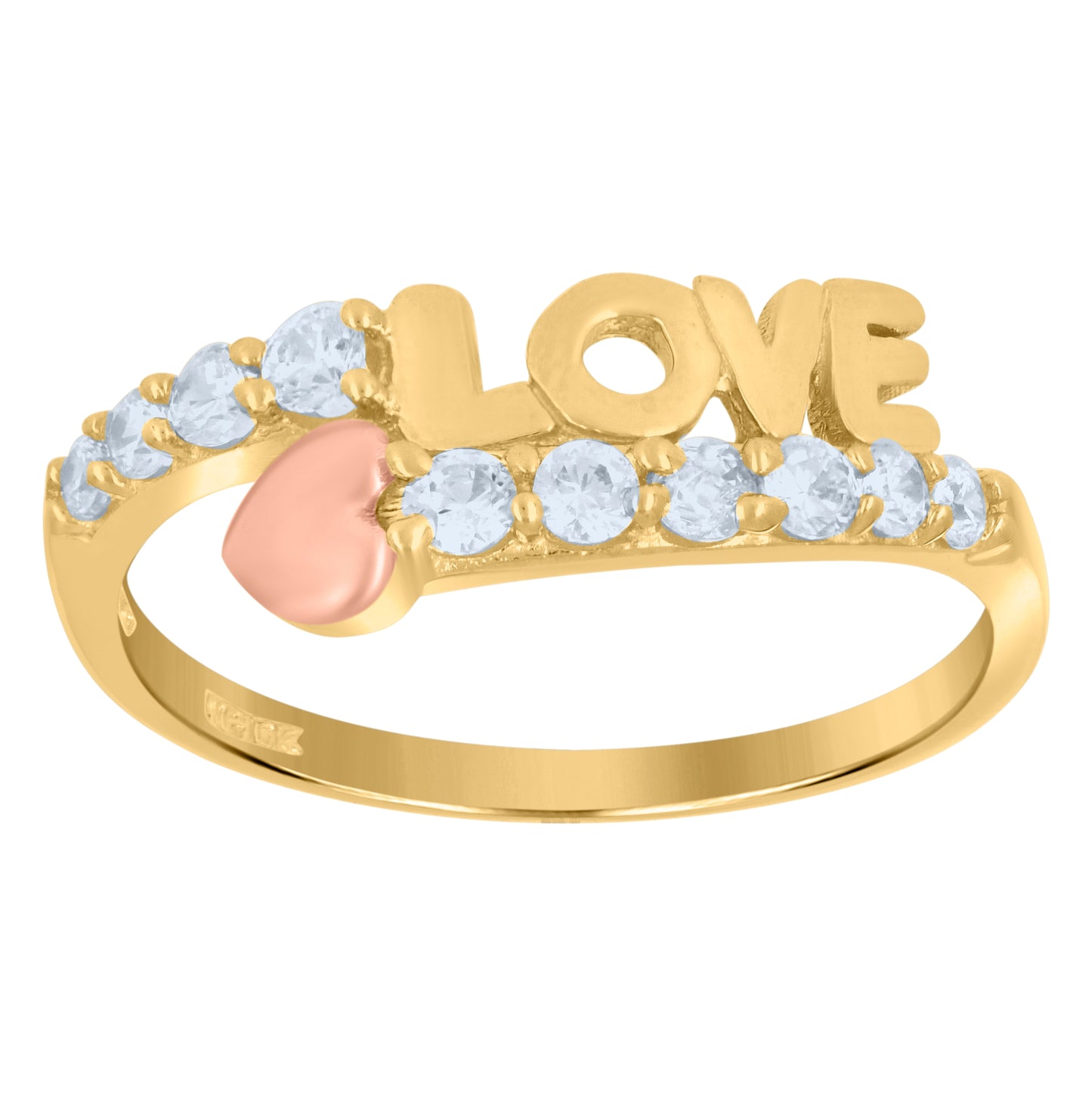 10K Gold Womens Tri-Color Cubic-Zirconia Love Heart Band Ring