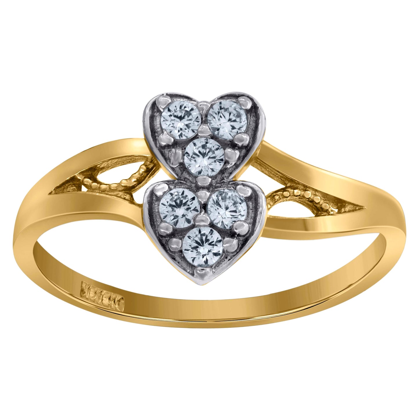 10K Gold Womens Two-Tone Cubic-Zirconia Double Heart Band Ring