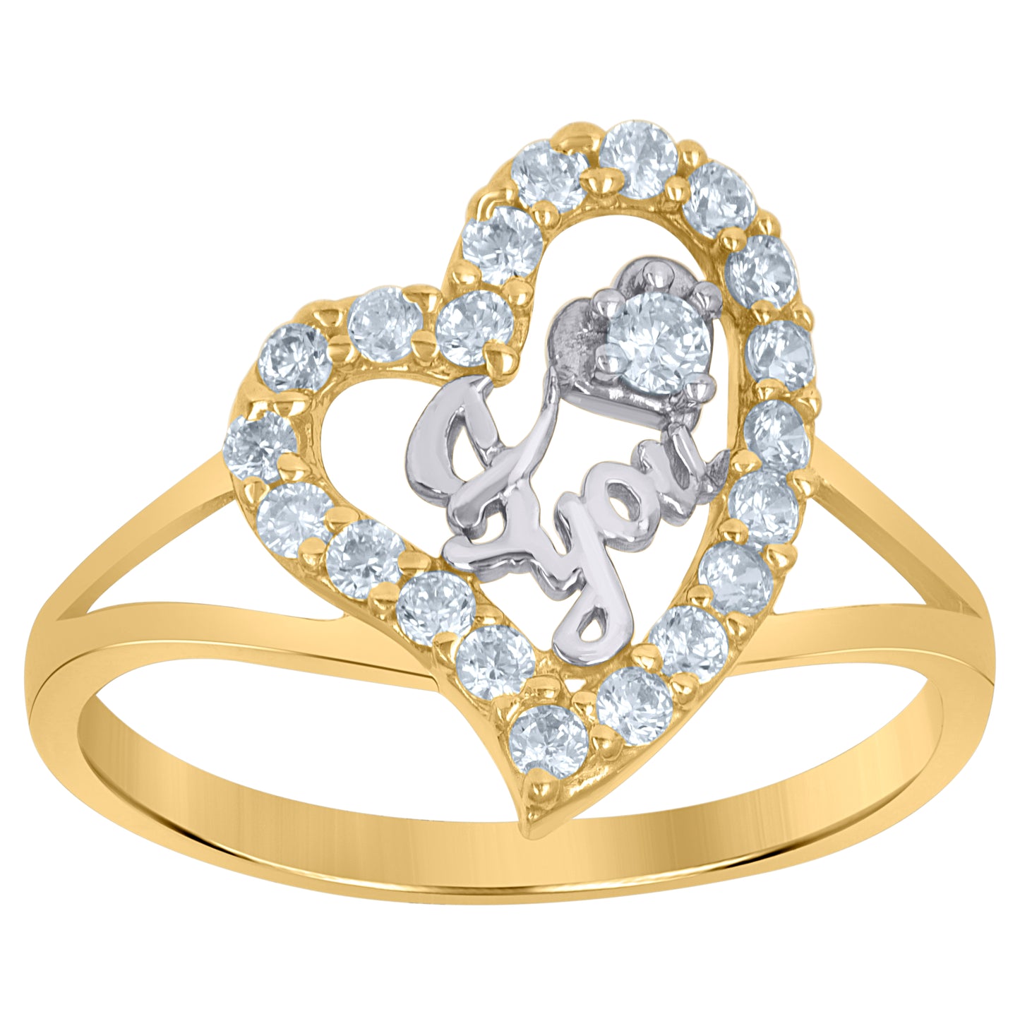 10K Gold Womens Two-Tone Cubic-Zirconia Split Shank I Love You Heart Band Ring
