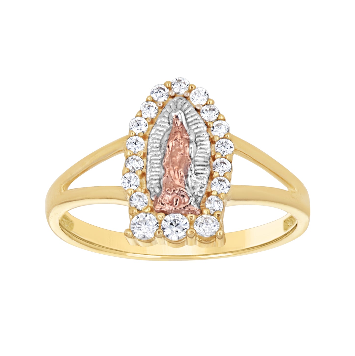 10K Tri-Color Gold Womens Round Cubic Zirconia Lady Of Guadalupe Religious Ring