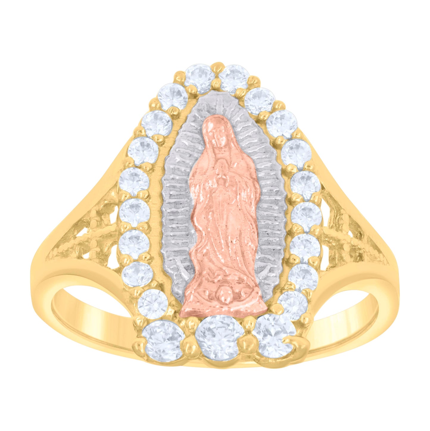 10K Tri-Color Gold Womens Round Cubic Zirconia Lady Of Guadalupe Religious Ring