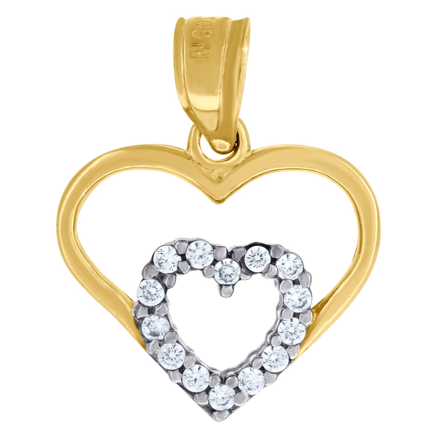 10K Two-Tone Gold Womens Cubic Zirconia Cubic-Zirconia Double Heart Charm Pendant