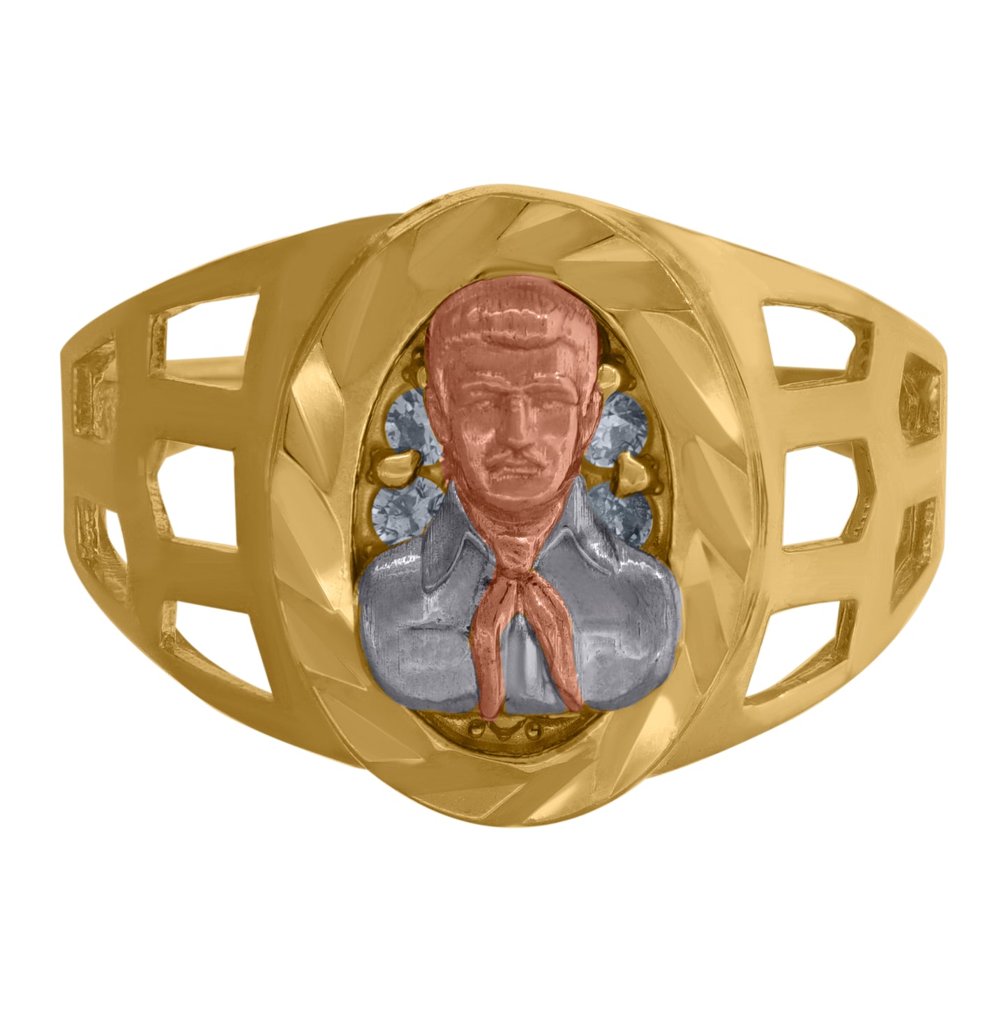 10K Tri-Color Gold Mens Cubic Zirconia Cubic-Zirconia Oval Religious Ring Size 7