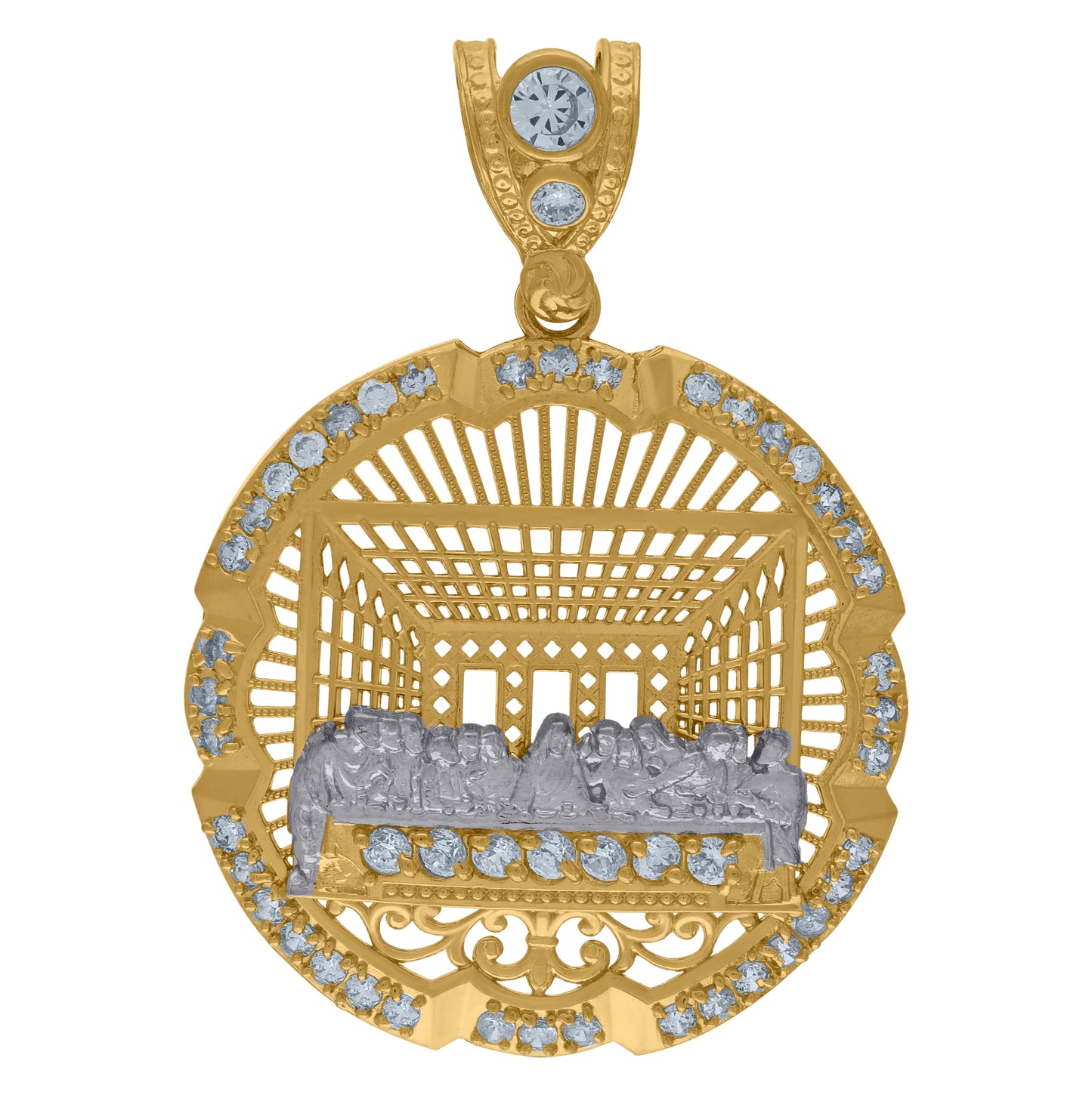 10K Two-Tone Gold Mens Cubic Zirconia Last Supper Medallion Religious Charm Pendant