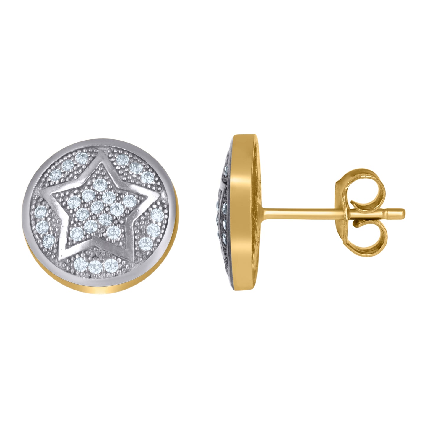 10K Gold Two-Tone Cubic-Zirconia Mens Round Star Push Back Studs