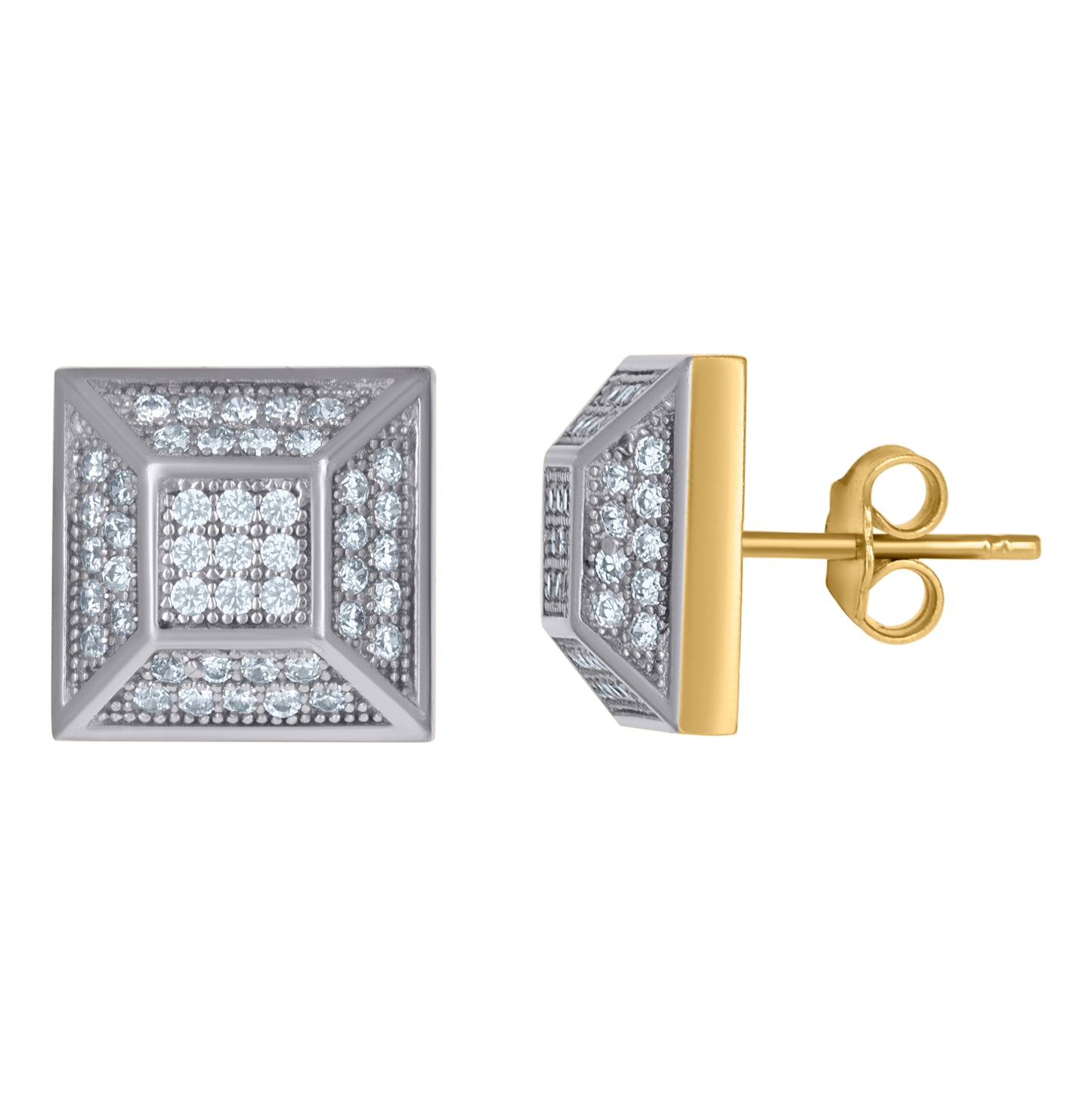 10K Gold Two-Tone Cubic-Zirconia Mens Square Push Back Studs